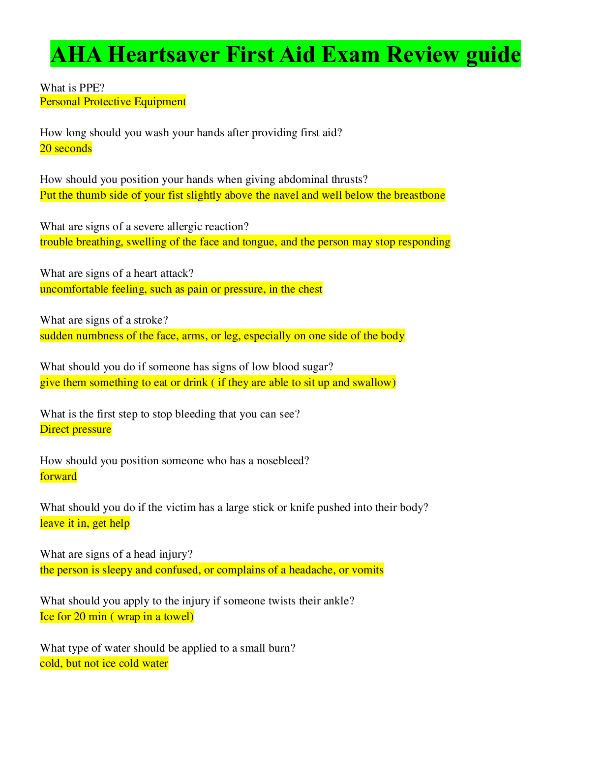 Preview image for AHA Heartsaver First Aid Exam Review guide